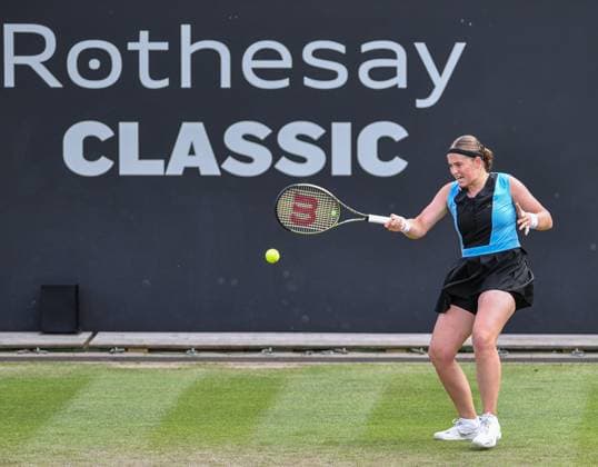 24th June 2023; Edgbaston Priory Club, Birmingham, England: Rothesay Classic Birmingham, Day 6; Jelena Ostapenko (LAT) hits a forehand return to Anastasia Popatova (rus)  ActionPlus12523348 GodfreyxPitt