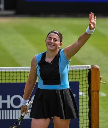 24th June 2023; Edgbaston Priory Club, Birmingham, England: Rothesay Classic Birmingham, Day 6; Jelena Ostapenko (LAT) waves to the crowd after defeating Anastasia Popatova (rus) to reach the final  ActionPlus12523352 GodfreyxPitt