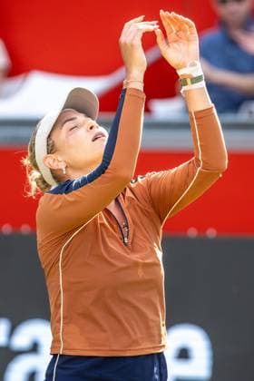 Berlin, 24 06 23, Tennis Grass Court Championships Berlin at Steffi Graf Stadium Women, Singles, Semi Final, Maria Sakkari GRE vs Donna Vekic CRO Donna Vekic celebrates her win bett1open 2023 Grass Court Championships Berlin