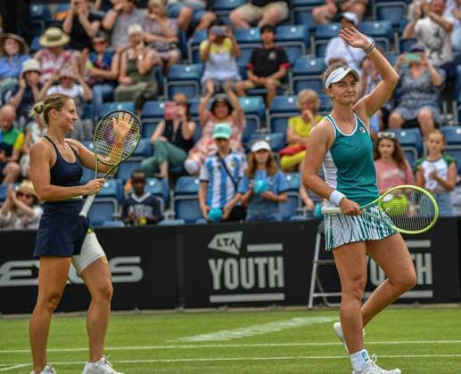 24th June 2023; Edgbaston Priory Club, Birmingham, England: Rothesay Classic Birmingham, Day 6; Womens doubles semi-final; Barbora Krejcikova (CZE) and Marta Kostyuk (UKR) celebrate wining the semi-final match against Magda Linette (POL) and Bernarda Pera (USA) 6-3 6-4  ActionPlus12523467 GodfreyxPitt