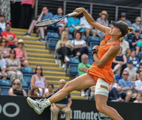 24th June 2023; Edgbaston Priory Club, Birmingham, England: Rothesay Classic Birmingham, Day 6; Womens doubles semi-final; Magda Linette (POL) smashes a winner at the net against Barbora Krejcikova (CZE) and Marta Kostyuk (UKR)  ActionPlus12523469 GodfreyxPitt