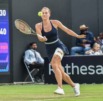 24th June 2023; Edgbaston Priory Club, Birmingham, England: Rothesay Classic Birmingham, Day 6; Womens doubles semi-final; Marta Kostyuk (UKR) chips a return against against Magda Linette (POL) and Bernarda Pera (USA) 6-3 6-4  ActionPlus12523470 GodfreyxPitt
