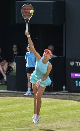24th June 2023; Edgbaston Priory Club, Birmingham, England: Rothesay Classic Birmingham, Day 6; Womens doubles semi-final; Lyudmyla Kichenok (UKR) hits a serve to Storm Hunter (AUS) and Alycia Parks (USA)  ActionPlus12523511 GodfreyxPitt