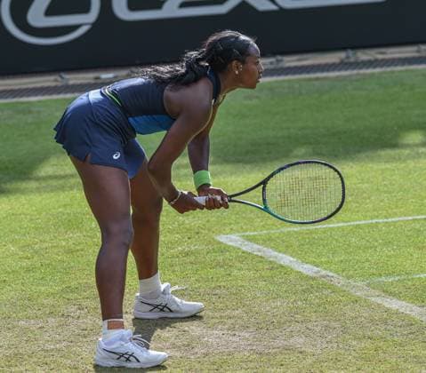 24th June 2023; Edgbaston Priory Club, Birmingham, England: Rothesay Classic Birmingham, Day 6; Womens doubles semi-final; Alycia Parks (USA) prepares to return serve from Jelena Ostapenko (LAT) and Lyudmyla Kichenok (UKR)  ActionPlus12523512 GodfreyxPitt