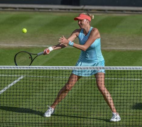 24th June 2023; Edgbaston Priory Club, Birmingham, England: Rothesay Classic Birmingham, Day 6; Womens doubles semi-final; Lyudmyla Kichenok (UKR) hits a forehand volley to Storm Hunter (AUS) and Alycia Parks (USA)  ActionPlus12523514 GodfreyxPitt