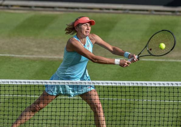 24th June 2023; Edgbaston Priory Club, Birmingham, England: Rothesay Classic Birmingham, Day 6; Womens doubles semi-final; Lyudmyla Kichenok (UKR) hits a backhand volley to Storm Hunter (AUS) and Alycia Parks (USA)  ActionPlus12523516 GodfreyxPitt