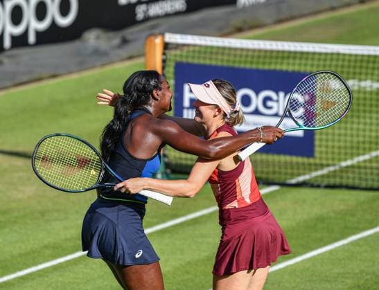 24th June 2023; Edgbaston Priory Club, Birmingham, England: Rothesay Classic Birmingham, Day 6; Womens doubles semi-final; Storm Hunter (AUS) and Alycia Parks (USA) celebrate as they beat Lyudmyla Kichenok and Jelena Ostapenko (LAT) in straight sets  ActionPlus12523518 GodfreyxPitt