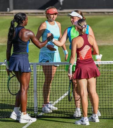 24th June 2023; Edgbaston Priory Club, Birmingham, England: Rothesay Classic Birmingham, Day 6; Womens doubles semi-final; Storm Hunter (AUS) and Alycia Parks (USA) shakes hands as they beat beat Lyudmyla Kichenok and Jelena Ostapenko (LAT) in straight sets  ActionPlus12523519 GodfreyxPitt