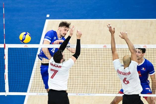 Patry Jean ( 4 - France ) - Maar Stephen Timothy ( 7 - Cuba ) - Demyanenko Danny ( 6 - Cuba ) - VOLLEYBALL : Canada vs France - Orleans - 24 06 2023 FedericoPestellini Panoramic  