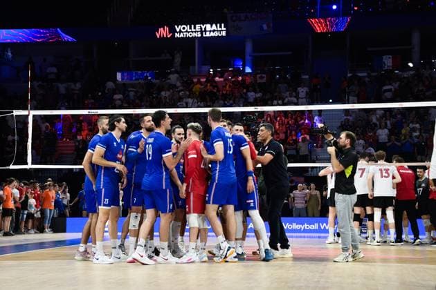 Joie des joueurs de France en fin du match apres sa victoire - VOLLEYBALL : Canada vs France - Orleans - 24 06 2023 FedericoPestellini Panoramic  