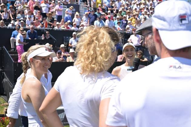 25 06 2023, xbrx, tennis Bad Homburg Open WTA 250, emspor, v l farewell match Petkovic, Andrea GER ,Kerber, Angelique GER , Friedsam, Anna Lena GER , Petkovic, Andrea GER , interview, will be interviewed Bad Homburg