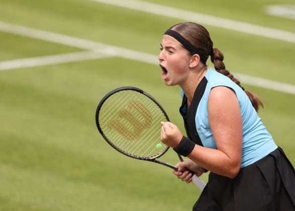Mandatory Credit: Photo by Ryan Browne Shutterstock (13977110d) Jelena Ostapenko of Latvia celebrates winning the 1st set. Rothesay Classic, Day Seven, Tennis, Edgbaston Priory Club, Birmingham, UK - 25 Jun 2023 Rothesay Classic, Day Seven, Tennis, Edgbaston Priory Club, Birmingham, UK - 25 Jun 2023  Copyright: xRyanxBrowne Shutterstockx 13977110d