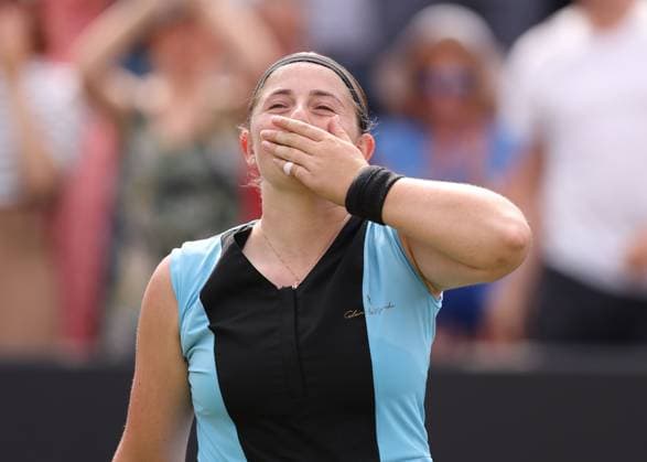 Mandatory Credit: Photo by Ryan Browne Shutterstock (13977110z) Jelena Ostapenko of Latvia celebrates winning the Rothesay Classic Trophy. Rothesay Classic, Day Seven, Tennis, Edgbaston Priory Club, Birmingham, UK - 25 Jun 2023 Rothesay Classic, Day Seven, Tennis, Edgbaston Priory Club, Birmingham, UK - 25 Jun 2023  Copyright: xRyanxBrowne Shutterstockx 13977110z