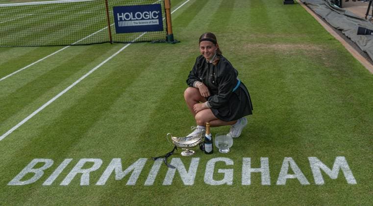 25th June 2023; Edgbaston Priory Club, Birmingham, England: Rothesay Classic Birmingham, Day 7; Singles Final; Jelena Ostapenko (LAT) poses with the trophy after beating Barbora Krejcikova (CZE) 7-6 6-4 in the final  ActionPlus12523719 GodfreyxPitt