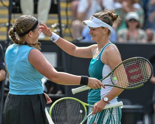 25th June 2023; Edgbaston Priory Club, Birmingham, England: Rothesay Classic Birmingham, Day 7; Singles Final; Barbora Krejcikova (CZE) congratulates Jelena Ostapenko (LAT) on winning the title  ActionPlus12523721 GodfreyxPitt