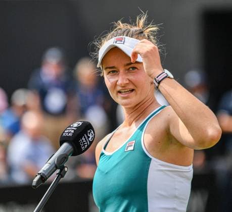 25th June 2023; Edgbaston Priory Club, Birmingham, England: Rothesay Classic Birmingham, Day 7; Singles Final; Barbora Krejcikova (CZE) is interviewed after losing in the final to Jelena Ostapenko (LAT)  ActionPlus12523723 GodfreyxPitt