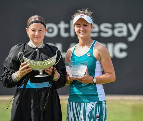 25th June 2023; Edgbaston Priory Club, Birmingham, England: Rothesay Classic Birmingham, Day 7; Singles Final; Jelena Ostapenko (LAT) holds the trophy after beating Barbora Krejcikova (CZE) in the final  ActionPlus12523730 GodfreyxPitt
