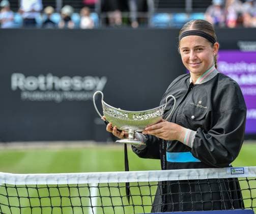 25th June 2023; Edgbaston Priory Club, Birmingham, England: Rothesay Classic Birmingham, Day 7; Singles Final; Jelena Ostapenko (LAT) holds the trophy after beating Barbora Krejcikova (CZE) in the final  ActionPlus12523731 GodfreyxPitt