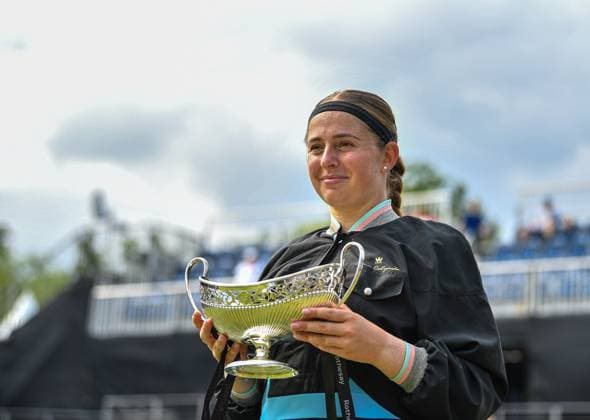 25th June 2023; Edgbaston Priory Club, Birmingham, England: Rothesay Classic Birmingham, Day 7; Singles Final; Jelena Ostapenko (LAT) holds the trophy after beating Barbora Krejcikova (CZE) in the final  ActionPlus12523735 GodfreyxPitt