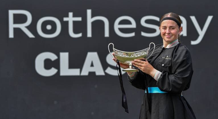 25th June 2023; Edgbaston Priory Club, Birmingham, England: Rothesay Classic Birmingham, Day 7; Singles Final; Jelena Ostapenko (LAT) holds the trophy after beating Barbora Krejcikova (CZE) in the final  ActionPlus12523737 GodfreyxPitt