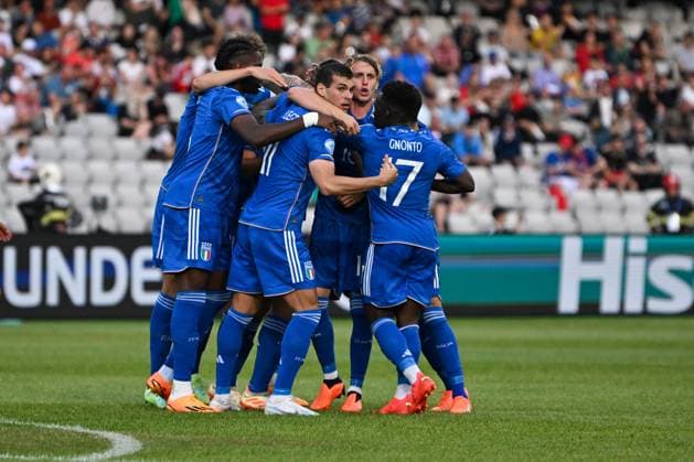 Happiness of Italy U21, U 21 ¢& x80;& x99;s Lorenzo Pirola after scores a scores a goal 1-0 during the first qualifying round UEFA European Under-21 Championship 2023 soccer match Italy U21 vs. Swiss U21 at the Cluj Arena stadium in Cluj Napoca, Romania, 25nd of June 2023  Copyright: xVinnyxOrlando IPAxSportx xipa-agx xIPAxSportx 0 IPA_IPA38874513