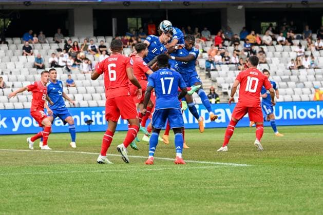 Italy U21, U 21 ¢& x80;& x99;s Pietro Pellegri doverhead kick during the first qualifying round UEFA European Under-21 Championship 2023 soccer match Italy U21 vs. Swiss U21 at the Cluj Arena stadium in Cluj Napoca, Romania, 25nd of June 2023  Copyright: xVinnyxOrlando IPAxSportx xipa-agx xIPAxSportx 0 IPA_IPA38874519