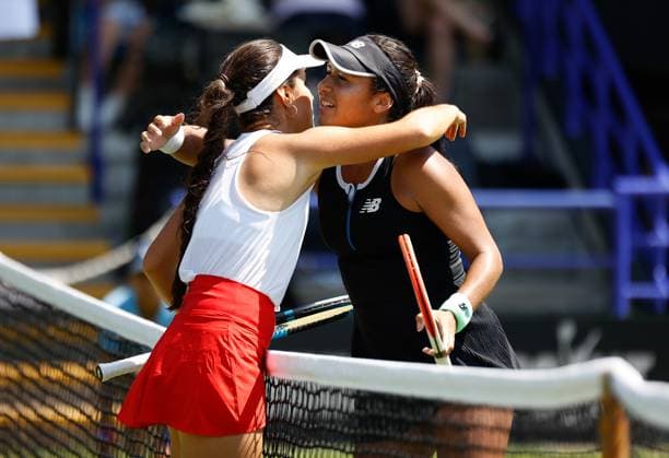 25th June 2023; Devonshire Park, Eastbourne, East Sussex, England: Rothesay International Eastbourne, Qualifying Round 2; Heather Watson (GBR) congratulates Camila Osorio (COL) after the match  ActionPlus12523847 HongboxChen