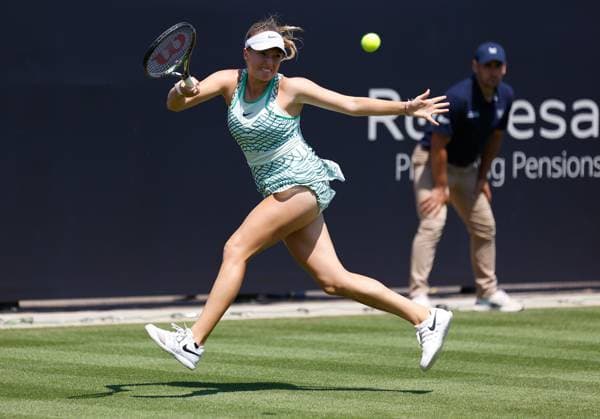 25th June 2023; Devonshire Park, Eastbourne, East Sussex, England: Rothesay International Eastbourne, Qualifying Round 2; Linda Fruhvirtova (CZE) plays a forehand against Xiyu Wang (CHN) in the Qualifying Round 2 Match  ActionPlus12523855 HongboxChen