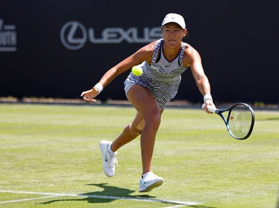 25th June 2023; Devonshire Park, Eastbourne, East Sussex, England: Rothesay International Eastbourne, Qualifying Round 2; Xiyu Wang (CHN) plays a forehand against Linda Fruhvirtova (CZE) in the Qualifying Round 2 Match  ActionPlus12523857 HongboxChen