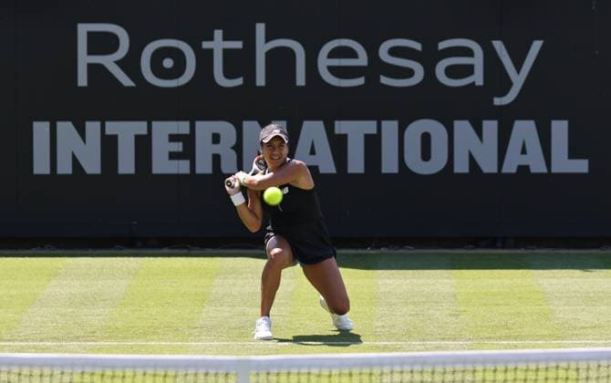 25th June 2023; Devonshire Park, Eastbourne, East Sussex, England: Rothesay International Eastbourne, Qualifying Round 2; Heather Watson (GBR) plays a backhand against Camila Osorio (COL) in the qualifying round 2 match  ActionPlus12523870 HongboxChen