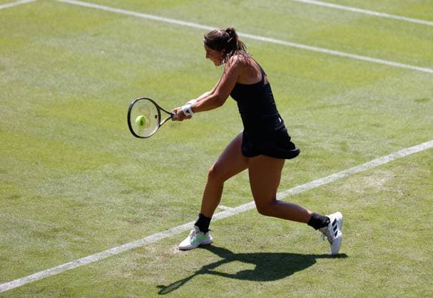 25th June 2023; Devonshire Park, Eastbourne, East Sussex, England: Rothesay International Eastbourne, Qualifying Round 2; Jodie Burrage (GBR) plays a backhand against Jasmine Paolini (ITA) in the Qualifying Round 2 match  ActionPlus12523872 HongboxChen