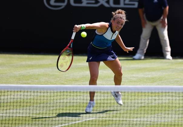 25th June 2023; Devonshire Park, Eastbourne, East Sussex, England: Rothesay International Eastbourne, Qualifying Round 2; Jasmine Paolini (ITA) plays a backhand against Jodie Burrage (GBR) in the Qualifying Round 2 match  ActionPlus12523876 HongboxChen