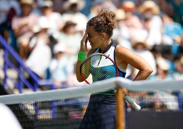 25th June 2023; Devonshire Park, Eastbourne, East Sussex, England: Rothesay International Eastbourne, Qualifying Round 2; Jasmine Paolini (ITA) celebrates her victory after defeating Jodie Burrage (GBR) in the Qualifying Round 2 match  ActionPlus12523881 HongboxChen