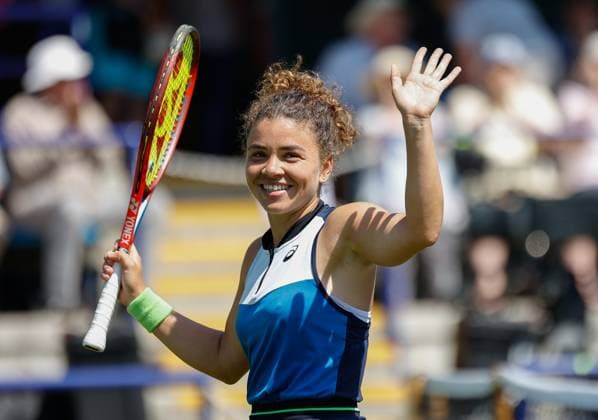 25th June 2023; Devonshire Park, Eastbourne, East Sussex, England: Rothesay International Eastbourne, Qualifying Round 2; Jasmine Paolini (ITA) celebrates her victory after defeating Jodie Burrage (GBR) in the Qualifying Round 2 match  ActionPlus12523882 HongboxChen