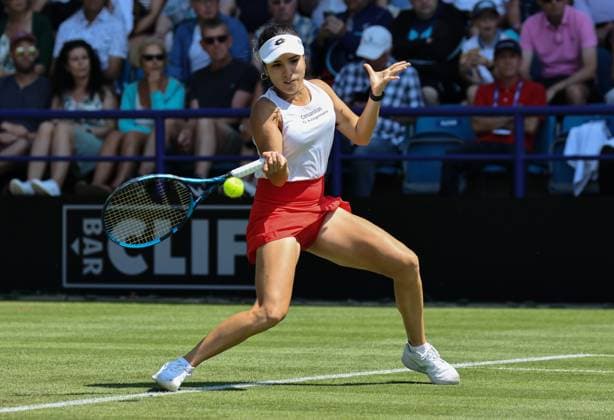 25th June 2023; Devonshire Park, Eastbourne, East Sussex, England: Rothesay International Eastbourne, Qualifying Round 2; Camila Osorio (COL) plays a forehand against Heather Watson (GBR) in the qualifying round 2 match  ActionPlus12523883 HongboxChen
