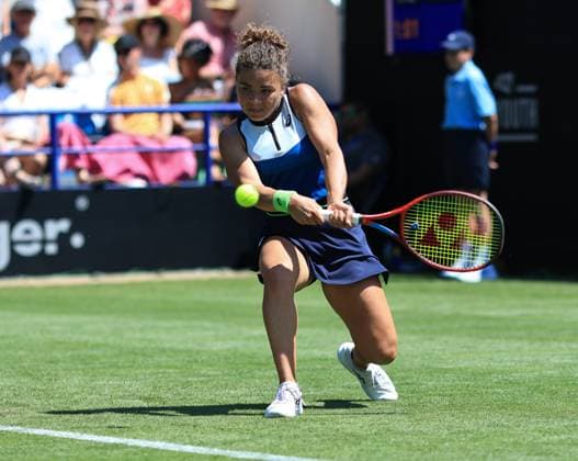 25th June 2023; Devonshire Park, Eastbourne, East Sussex, England: Rothesay International Eastbourne, Qualifying Round 2; Jasmine Paolini (ITA) plays a backhand against Jodie Burrage (GBR) in the Qualifying Round 2 match  ActionPlus12523892 HongboxChen