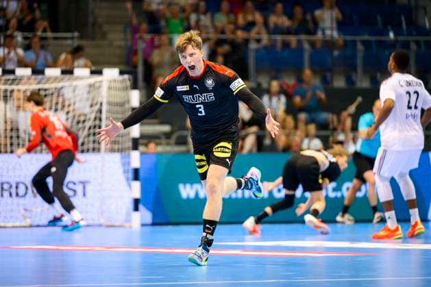 Hannover, Germany 25 June 2023 Handball U21 World Cup Main Round Germany vs France Nils Lichtlein Germany VfL Potsdam Jubel Freude Emotion Torjubel Goal Scorer Magdeburg Getec Arena Germany