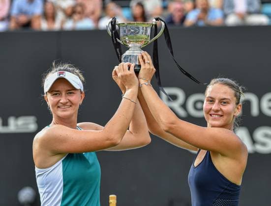 25th June 2023; Edgbaston Priory Club, Birmingham, England: Rothesay Classic Birmingham, Day 7; Doubles Final; Barbora Krejcikova (CZE) and Marta Kostyuk (UKR) hold the trophy after winning the Doubles title at Edgbaston in straight sets 6-2 7-6  ActionPlus12523932 GodfreyxPitt