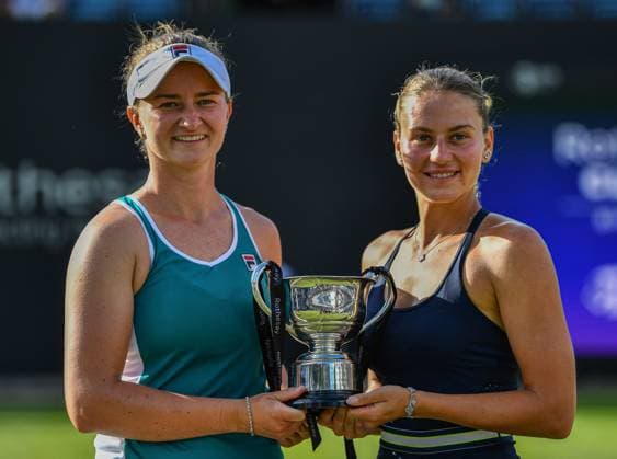 25th June 2023; Edgbaston Priory Club, Birmingham, England: Rothesay Classic Birmingham, Day 7; Doubles Final; Barbora Krejcikova (CZE) and Marta Kostyuk (UKR) celebrate their win in the doubles final in Birmingham  ActionPlus12523936 GodfreyxPitt
