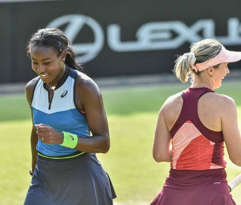 25th June 2023; Edgbaston Priory Club, Birmingham, England: Rothesay Classic Birmingham, Day 7; Doubles Final; Alycia Parks (USA) and Storm Hunter (AUS) enjoy a smile during the final  ActionPlus12523942 GodfreyxPitt