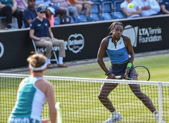 25th June 2023; Edgbaston Priory Club, Birmingham, England: Rothesay Classic Birmingham, Day 7; Doubles Final; Alycia Parks (USA) chips a volley over Barbora Krejcikova (CZE)  ActionPlus12523945 GodfreyxPitt