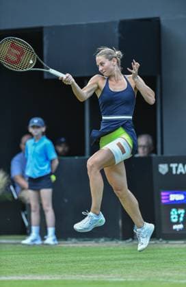 25th June 2023; Edgbaston Priory Club, Birmingham, England: Rothesay Classic Birmingham, Day 7; Doubles Final; Marta Kostyuk (UKR) leaps to hit a forehand return  ActionPlus12523946 GodfreyxPitt