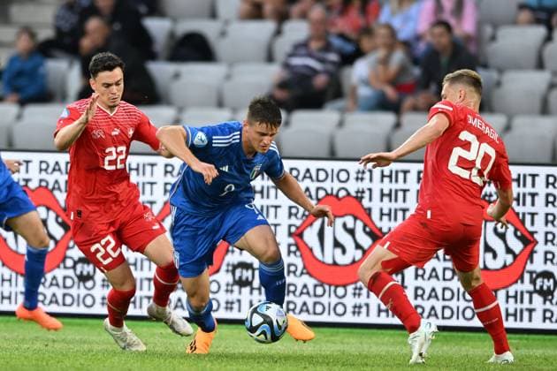 Fabian Rieder (Switzerland U21, U 21 Lorenzo Colombo (Italy U21)Becir Omeragic (Switzerland U21) during the UEFA Under 21 Championship Georgia-Romania 2023 match between Switzerland 2-3 Italy at Cluj Arena on June 25, 2023 in Cluj-Napoca, Romania. Noxthirdxpartyxsales  (222672034)