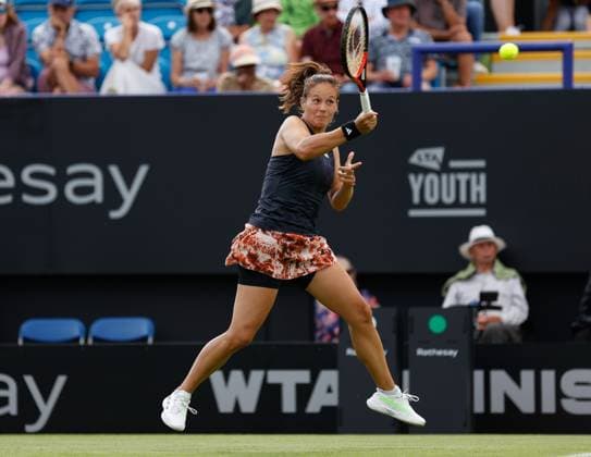 26th June 2023; Devonshire Park, Eastbourne, East Sussex, England: Rothesay International Eastbourne, Day 1, Daria Kasatkina plays a forehand against Anhelina Kalinina (UKR)  ActionPlus12524292 HongboxChen