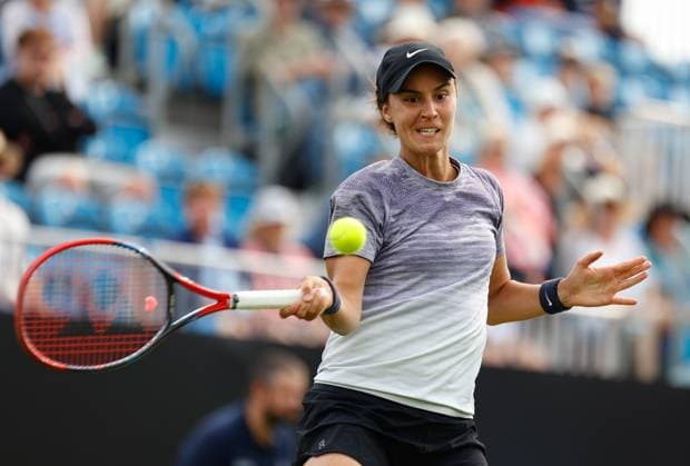 26th June 2023; Devonshire Park, Eastbourne, East Sussex, England: Rothesay International Eastbourne, Day 1, Anhelina Kalinina (UKR) plays a forehand against Daria Kasatkina  ActionPlus12524303 HongboxChen