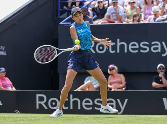 26th June 2023; Devonshire Park, Eastbourne, East Sussex, England: Rothesay International Eastbourne, Day 1, Shuai Zhang (CHN) plays a forehand against Harriet Dart (GBR)  ActionPlus12524307 HongboxChen