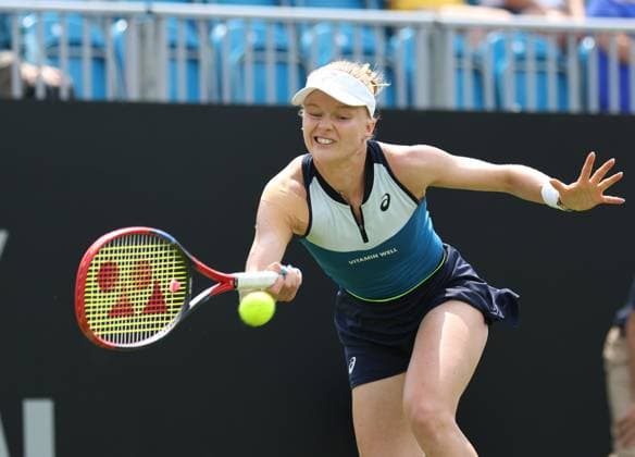26th June 2023; Devonshire Park, Eastbourne, East Sussex, England: Rothesay International Eastbourne, Day 1, Harriet Dart (GBR) plays a forehand against Shuai Zhang (CHN)  ActionPlus12524316 HongboxChen