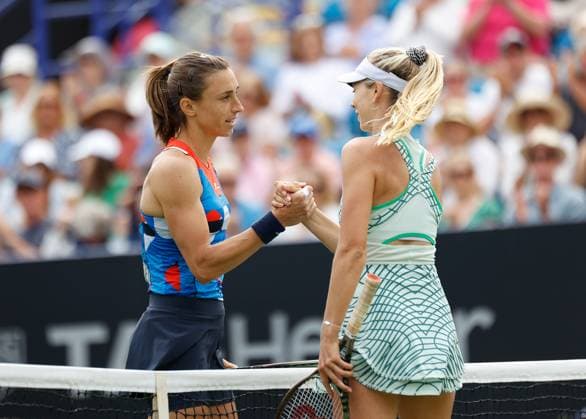 27th June 2023; Devonshire Park, Eastbourne, East Sussex, England: Rothesay International Eastbourne, Day 2; Katie Boulter (GBR) shakes hands with winner Petra Martic (CRO) after the match  ActionPlus12524387 HongboxChen