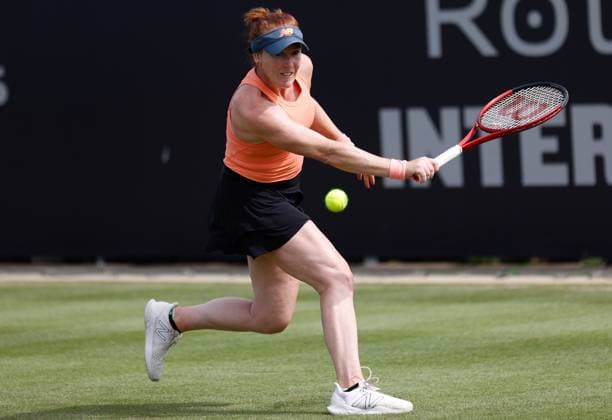 27th June 2023; Devonshire Park, Eastbourne, East Sussex, England: Rothesay International Eastbourne, Day 2; Madison Brengle (USA) plays a backhand against Caroline Garia (FRA)  ActionPlus12524397 HongboxChen