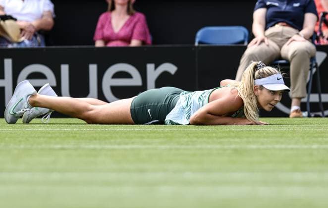 27th June 2023; Devonshire Park, Eastbourne, East Sussex, England: Rothesay International Eastbourne, Day 2; Katie Boulter (GBR) slips during the match against Petra Martic (CRO)  ActionPlus12524412 HongboxChen